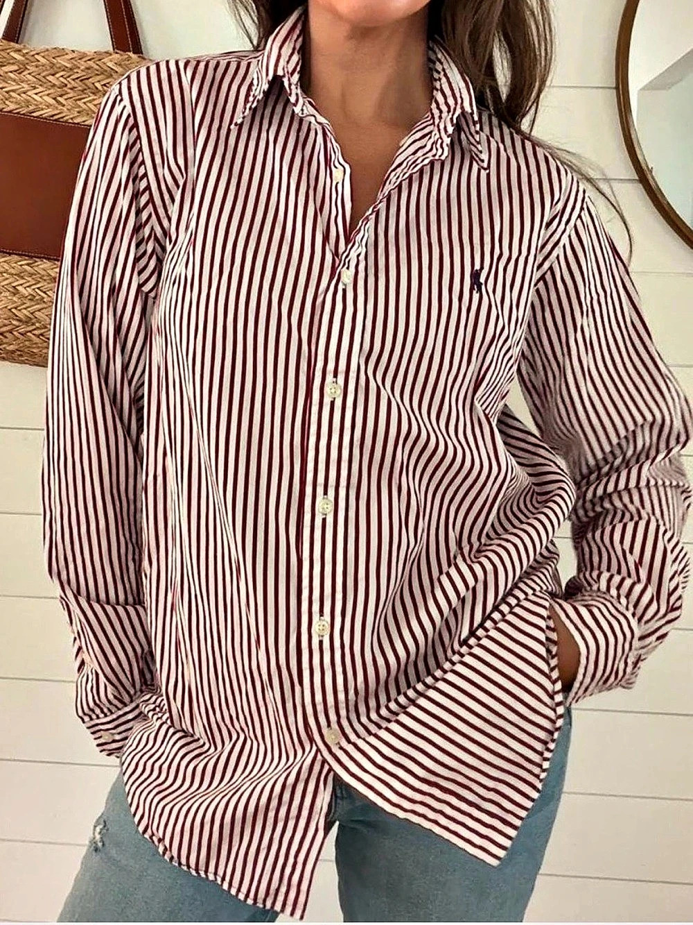 Polo Ralph Lauren Burgundy Maroon Stripe Oxford Shirt Men’s Large Classic Fit